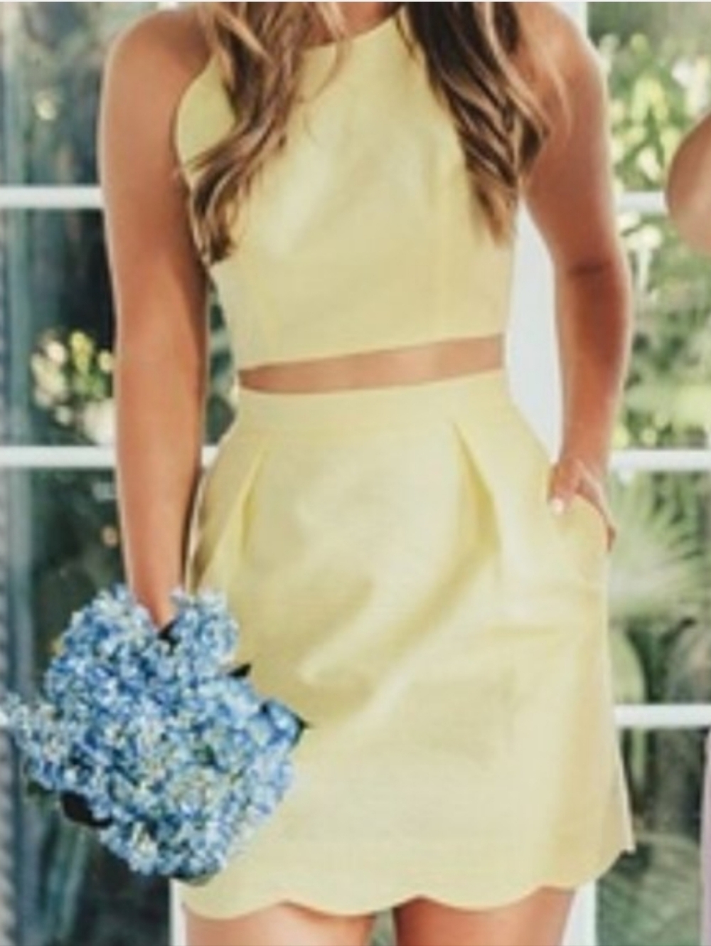 Lauren James Carly Yellow Halter Crop Top Skirt Set Seersucker Size L Preppy